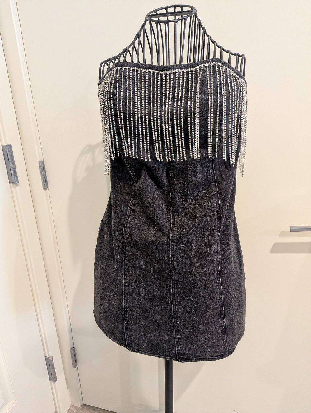 Rylie Washed Black Denim Strapless Fringe Mini Dress. 12th Tribe